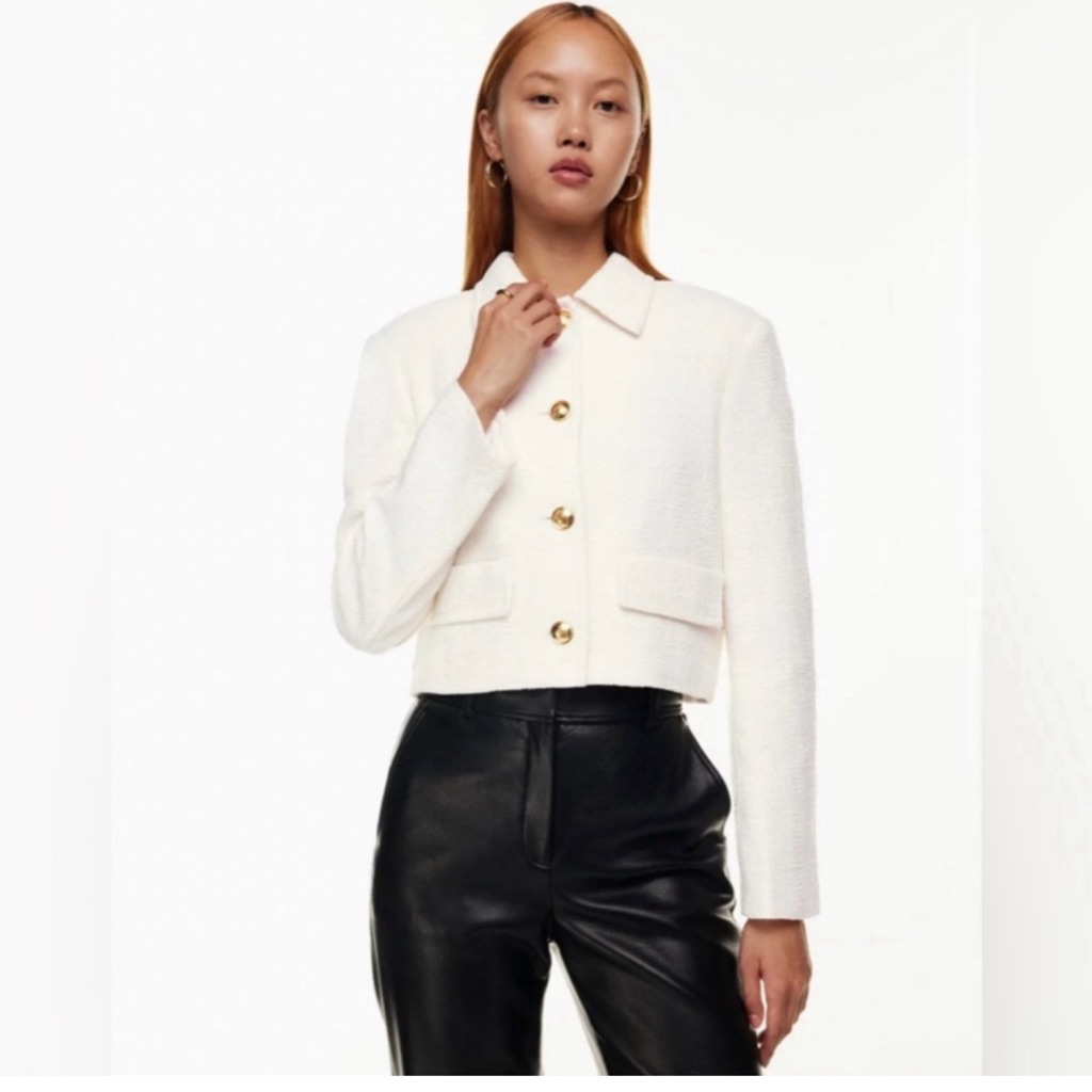 Aritzia Babaton Cropped Francs Tweed Jacket Gold Buttons Tailored Fit S